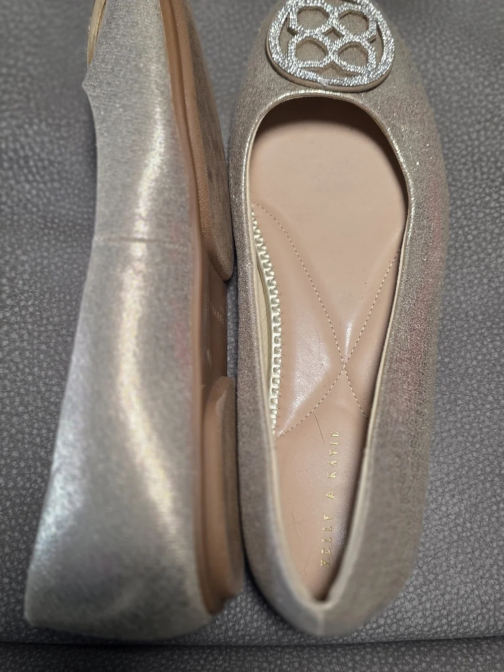 Kelly & Katie Metallic Champagne Ballet Flats with Rhinestone Medallion